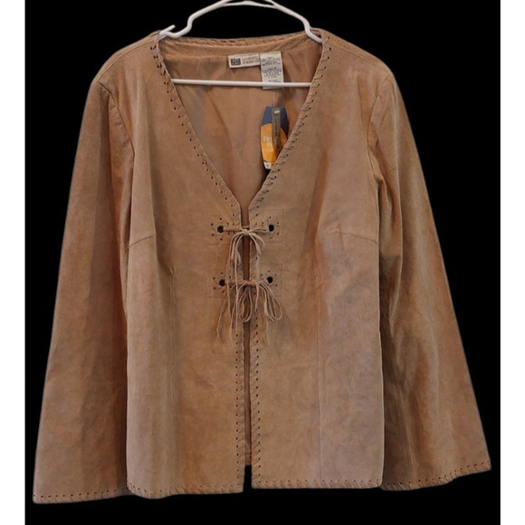 Faded Glory Vtg Large (12-14) Genuine Suede Leather Tie Front Jacket Tan‎ NWT - Picture 1 of 13